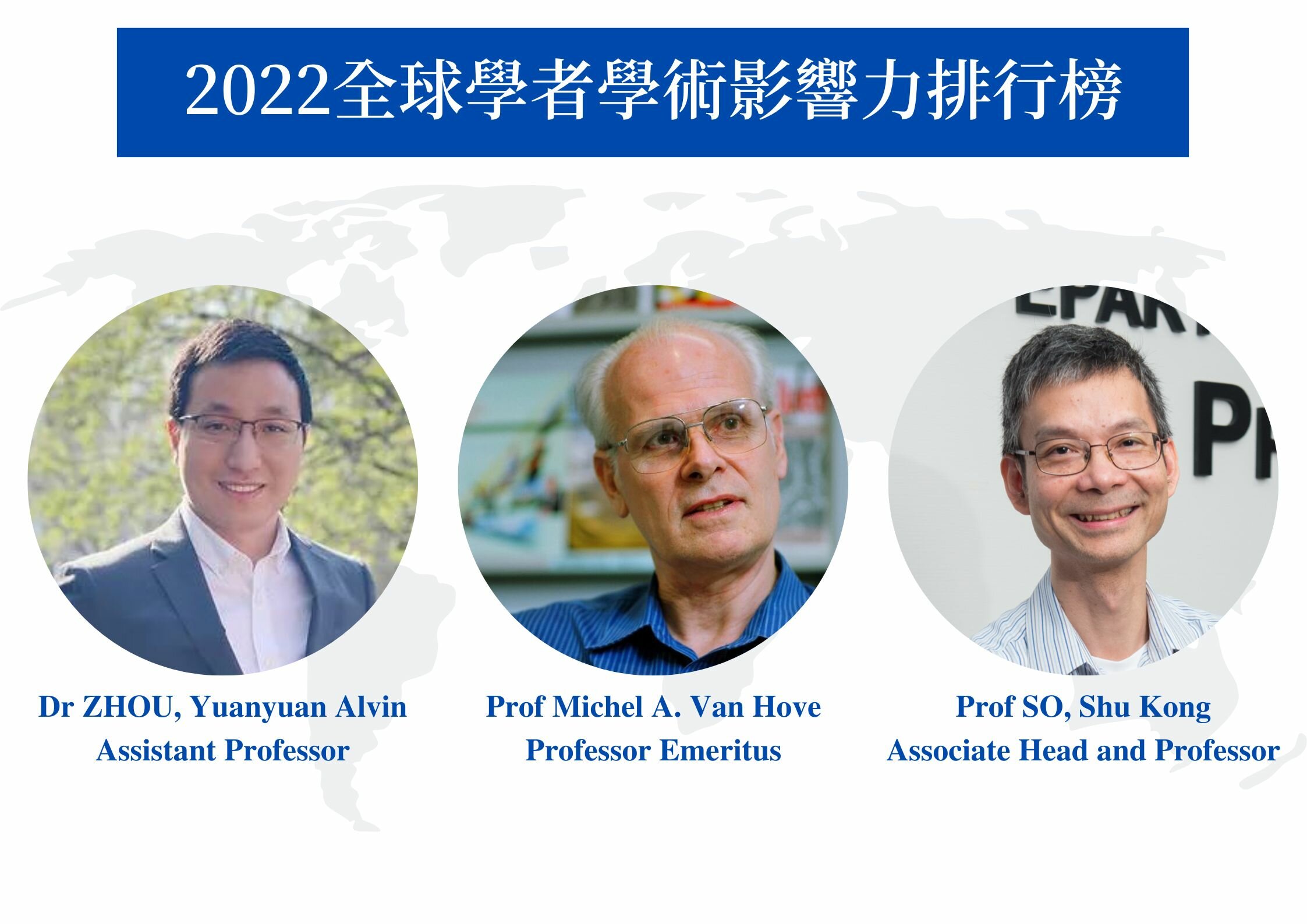 Prof Michel Van Hove, Prof So Shu Kong, and Dr Zhou Yuanyuan Ranked the World’s Top Scholars