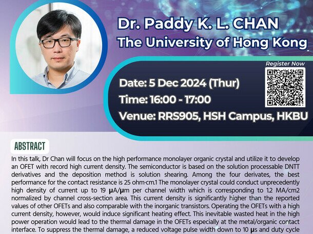 Physics Seminar: Monolayer organic transistors: from fabrications to applications